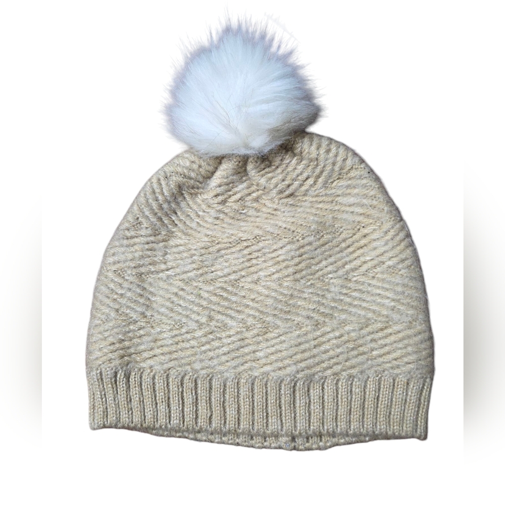 Scala Pronto Knit Beanie with Faux Fur Pom - Ivory/Cream/Tan - OSFM
